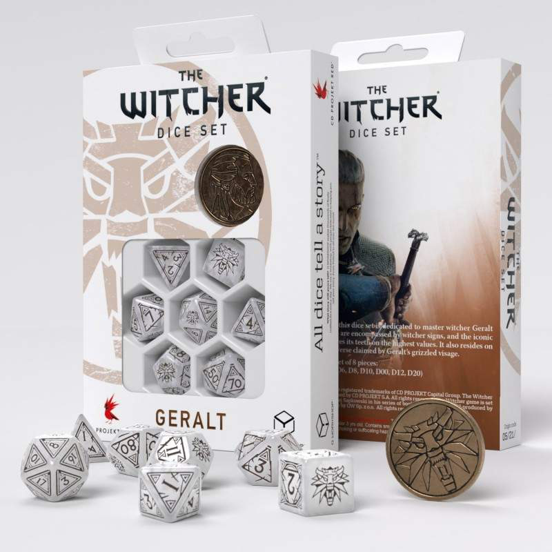 Witcher Geralt the White Wolf Poly White /Gold w /Coin (7) Terningsett, Witcher