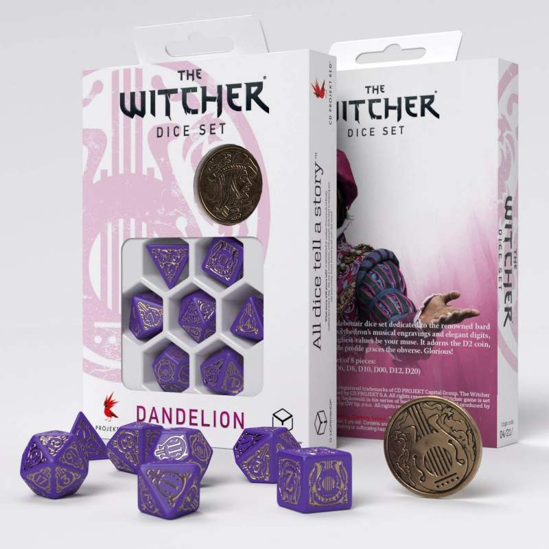 Witcher Dandelion Viscount de Lettenhove Poly Purple /Gold w /Coin (7) Terningsett, Witcher