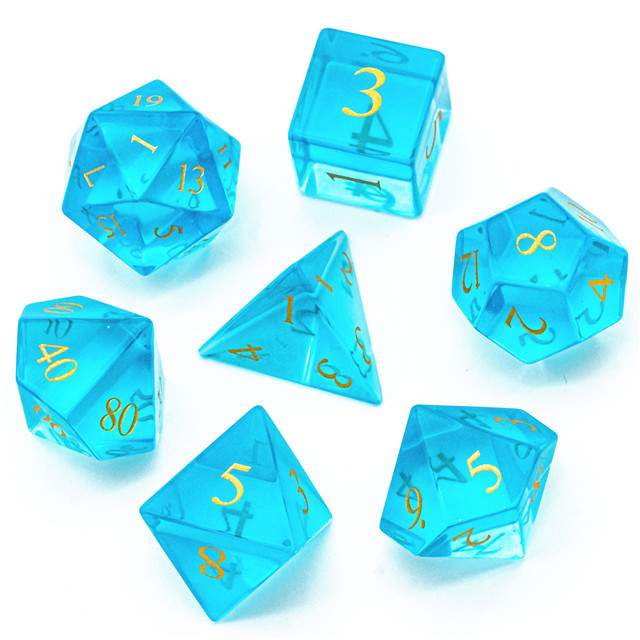 Glass Poly Blue /Gold (7) Terningsett