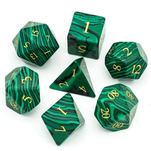Gemstone Poly Malachite Green, Black /Gold (7) Terningsett